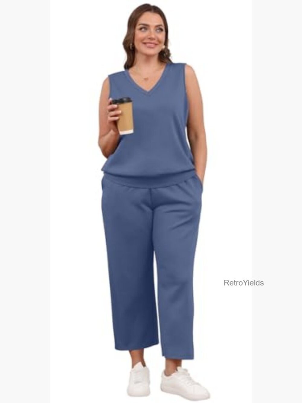 Two Piece Lounge Set - Summer V-Neck Matching Outfit - Picture 4 of 7